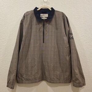 Cutter & Buck Mens Large Plaid Half Zip Windbreaker Jacket Tan Navy ClimaGuard